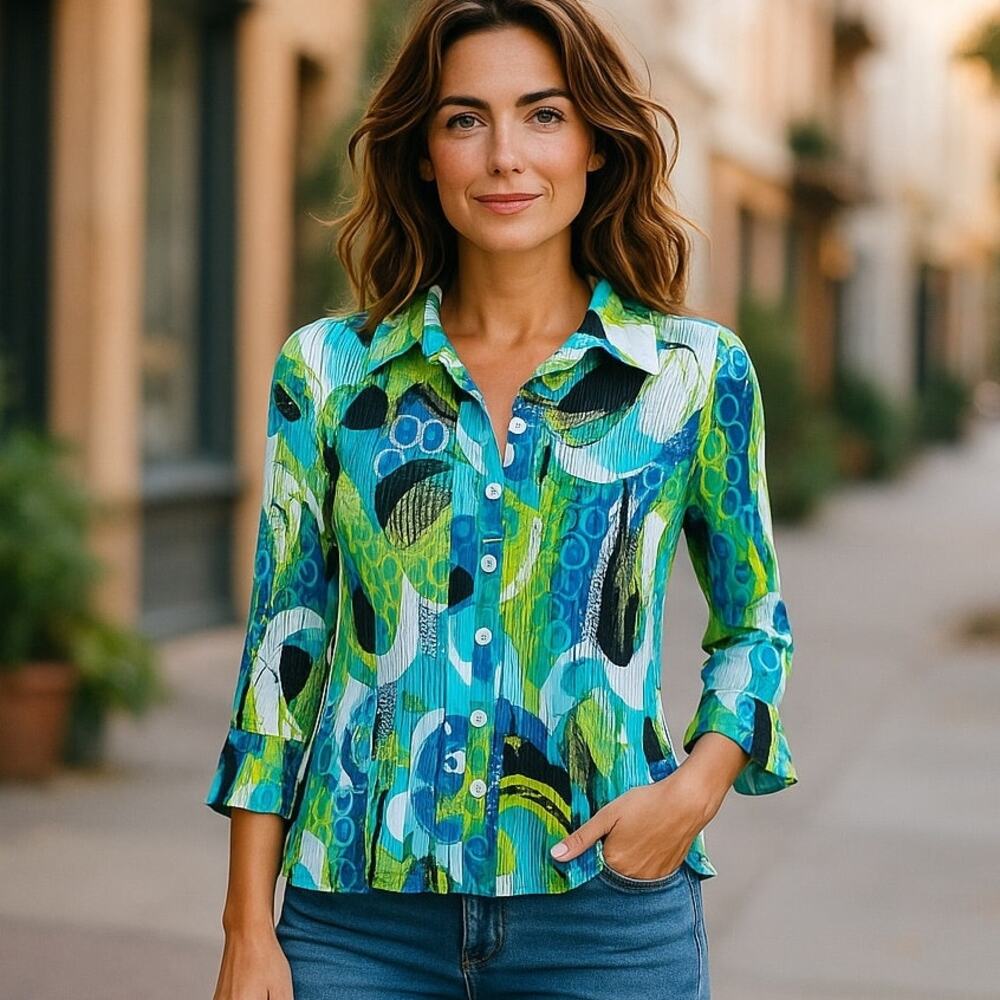 Women's Green & Blue Printed Button-Up Blouse